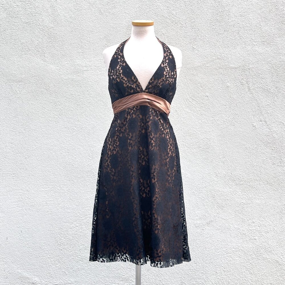 Vintage 80s 90s Bari Jay Black Two Toned Lace and Satin Halter Midi Dress Medium